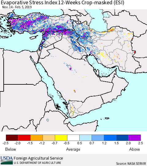 Middle East and Turkey Evaporative Stress Index (ESI), 12-Weeks over Croplands Thematic Map For 2/4/2019 - 2/10/2019