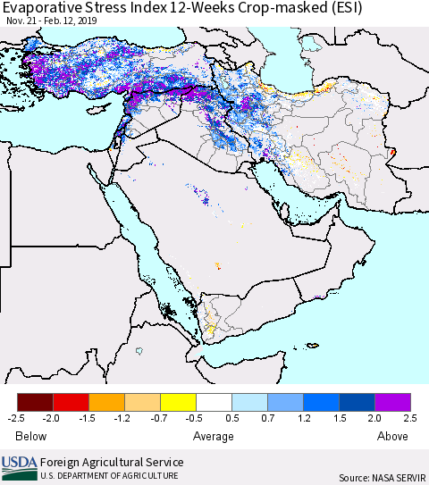 Middle East and Turkey Evaporative Stress Index (ESI), 12-Weeks over Croplands Thematic Map For 2/11/2019 - 2/17/2019
