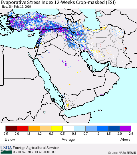 Middle East and Turkey Evaporative Stress Index (ESI), 12-Weeks over Croplands Thematic Map For 2/18/2019 - 2/24/2019