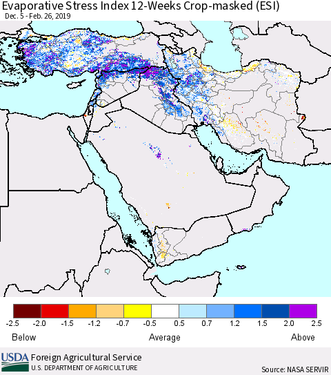 Middle East and Turkey Evaporative Stress Index (ESI), 12-Weeks over Croplands Thematic Map For 2/25/2019 - 3/3/2019