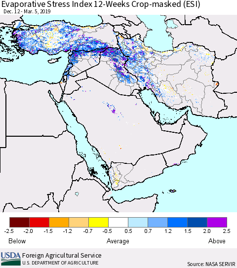 Middle East and Turkey Evaporative Stress Index (ESI), 12-Weeks over Croplands Thematic Map For 3/4/2019 - 3/10/2019