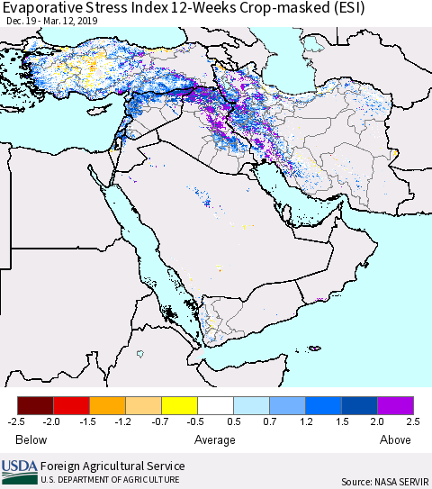 Middle East and Turkey Evaporative Stress Index (ESI), 12-Weeks over Croplands Thematic Map For 3/11/2019 - 3/17/2019