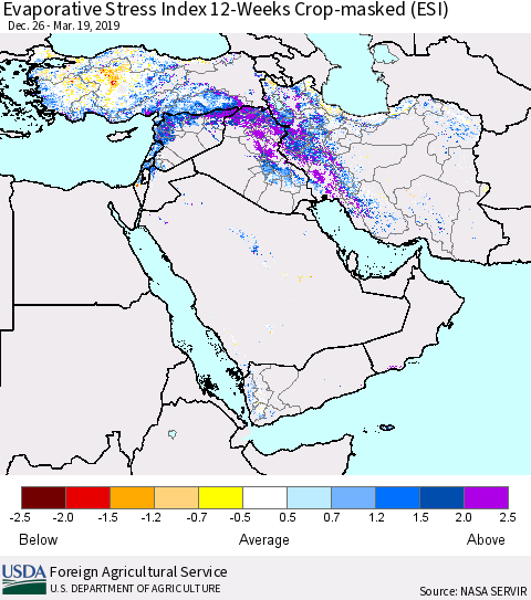 Middle East and Turkey Evaporative Stress Index (ESI), 12-Weeks over Croplands Thematic Map For 3/18/2019 - 3/24/2019
