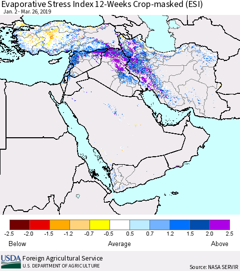 Middle East and Turkey Evaporative Stress Index (ESI), 12-Weeks over Croplands Thematic Map For 3/25/2019 - 3/31/2019