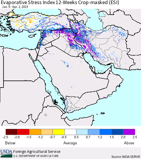Middle East and Turkey Evaporative Stress Index (ESI), 12-Weeks over Croplands Thematic Map For 4/1/2019 - 4/7/2019
