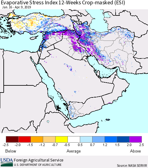 Middle East and Turkey Evaporative Stress Index (ESI), 12-Weeks over Croplands Thematic Map For 4/8/2019 - 4/14/2019