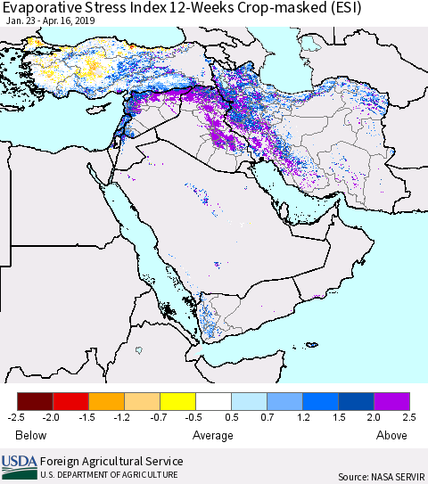 Middle East and Turkey Evaporative Stress Index (ESI), 12-Weeks over Croplands Thematic Map For 4/15/2019 - 4/21/2019