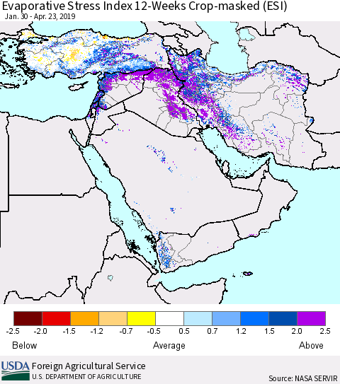 Middle East and Turkey Evaporative Stress Index (ESI), 12-Weeks over Croplands Thematic Map For 4/22/2019 - 4/28/2019
