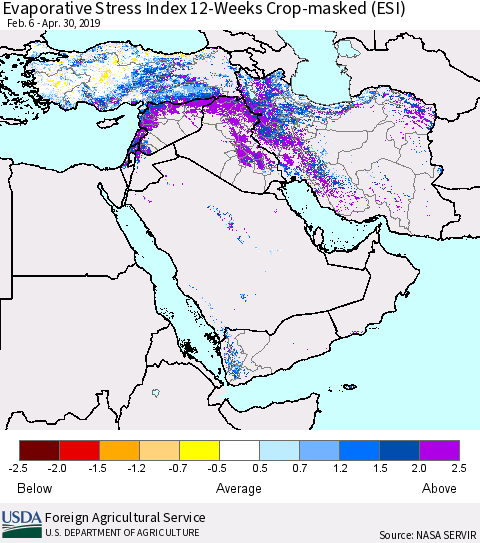 Middle East and Turkey Evaporative Stress Index (ESI), 12-Weeks over Croplands Thematic Map For 4/29/2019 - 5/5/2019
