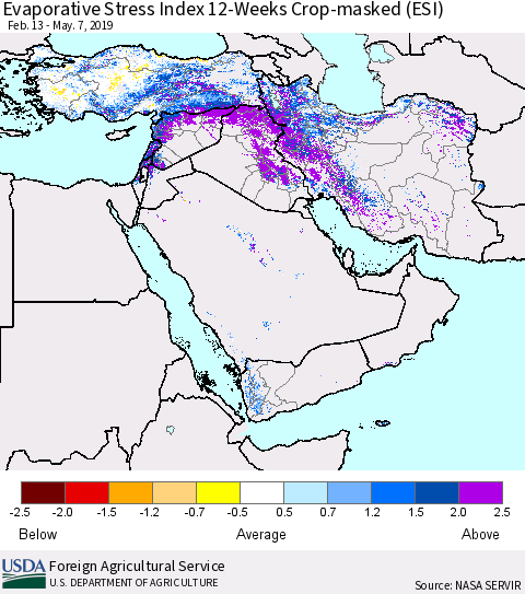 Middle East and Turkey Evaporative Stress Index (ESI), 12-Weeks over Croplands Thematic Map For 5/6/2019 - 5/12/2019