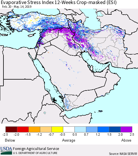 Middle East and Turkey Evaporative Stress Index (ESI), 12-Weeks over Croplands Thematic Map For 5/13/2019 - 5/19/2019