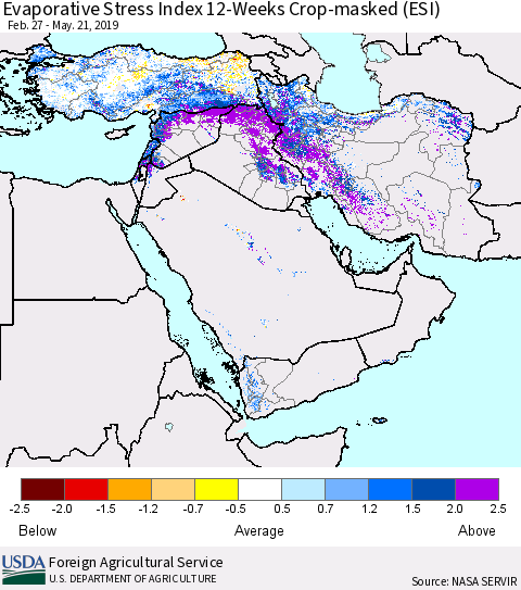 Middle East and Turkey Evaporative Stress Index (ESI), 12-Weeks over Croplands Thematic Map For 5/20/2019 - 5/26/2019