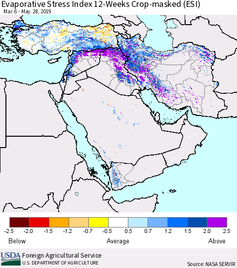 Middle East and Turkey Evaporative Stress Index (ESI), 12-Weeks over Croplands Thematic Map For 5/27/2019 - 6/2/2019