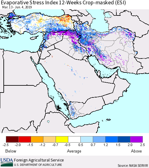 Middle East and Turkey Evaporative Stress Index (ESI), 12-Weeks over Croplands Thematic Map For 6/3/2019 - 6/9/2019