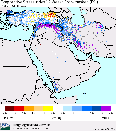Middle East and Turkey Evaporative Stress Index (ESI), 12-Weeks over Croplands Thematic Map For 6/17/2019 - 6/23/2019