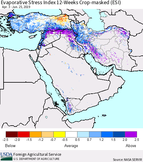 Middle East and Turkey Evaporative Stress Index (ESI), 12-Weeks over Croplands Thematic Map For 6/24/2019 - 6/30/2019