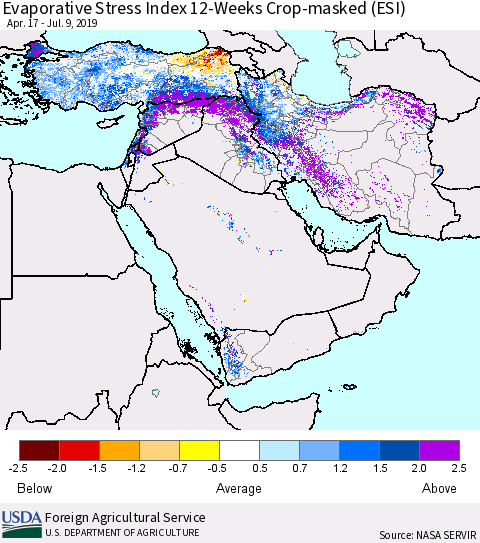 Middle East and Turkey Evaporative Stress Index (ESI), 12-Weeks over Croplands Thematic Map For 7/8/2019 - 7/14/2019