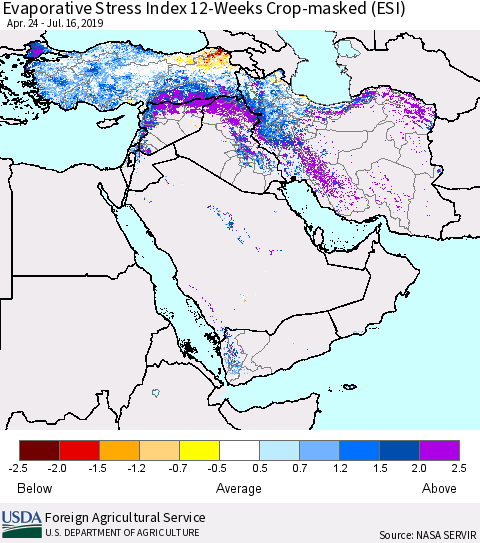 Middle East and Turkey Evaporative Stress Index (ESI), 12-Weeks over Croplands Thematic Map For 7/15/2019 - 7/21/2019