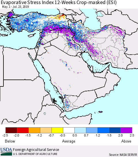 Middle East and Turkey Evaporative Stress Index (ESI), 12-Weeks over Croplands Thematic Map For 7/22/2019 - 7/28/2019