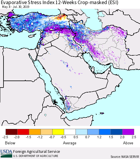Middle East and Turkey Evaporative Stress Index (ESI), 12-Weeks over Croplands Thematic Map For 7/29/2019 - 8/4/2019