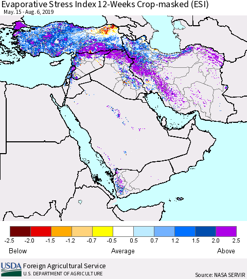 Middle East and Turkey Evaporative Stress Index (ESI), 12-Weeks over Croplands Thematic Map For 8/5/2019 - 8/11/2019