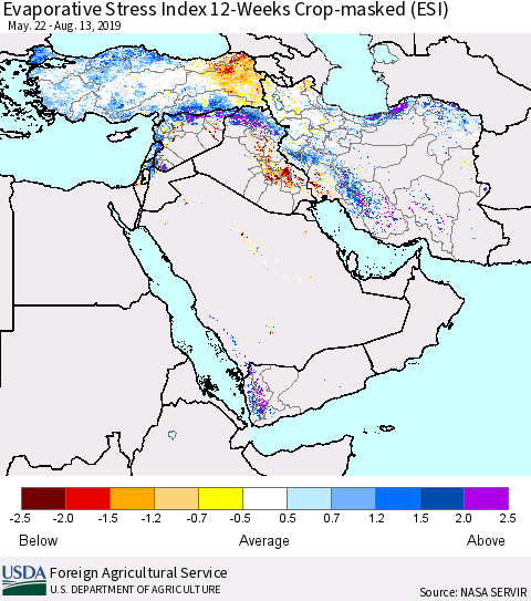 Middle East and Turkey Evaporative Stress Index (ESI), 12-Weeks over Croplands Thematic Map For 8/12/2019 - 8/18/2019