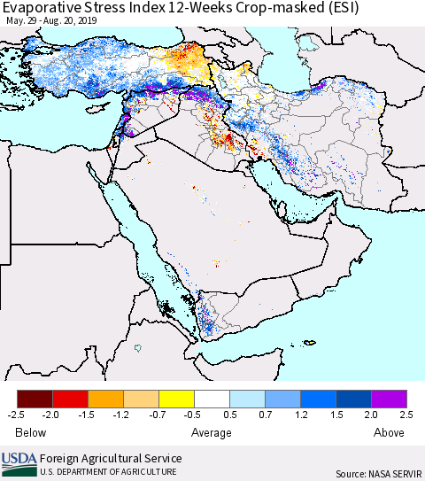 Middle East and Turkey Evaporative Stress Index (ESI), 12-Weeks over Croplands Thematic Map For 8/19/2019 - 8/25/2019