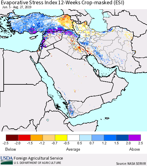 Middle East and Turkey Evaporative Stress Index (ESI), 12-Weeks over Croplands Thematic Map For 8/26/2019 - 9/1/2019