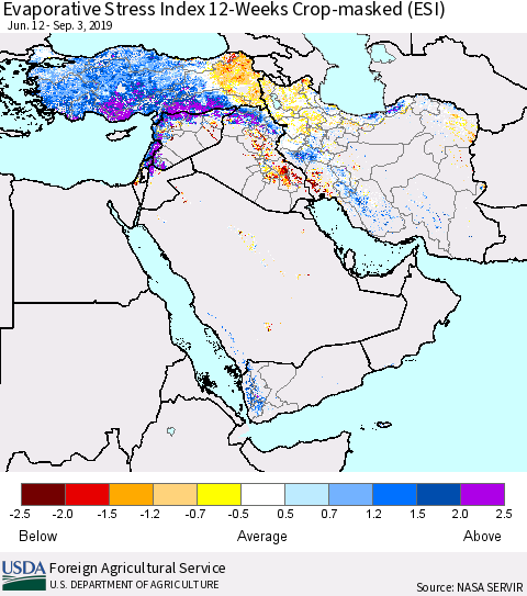 Middle East and Turkey Evaporative Stress Index (ESI), 12-Weeks over Croplands Thematic Map For 9/2/2019 - 9/8/2019