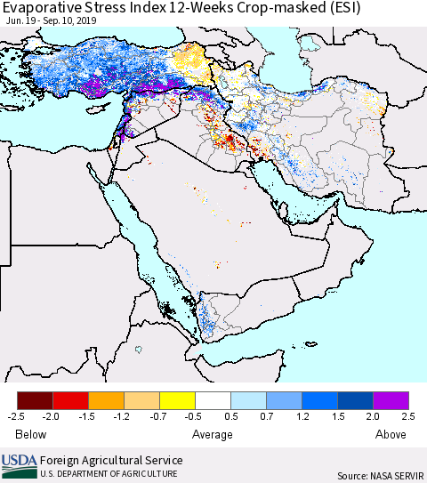 Middle East and Turkey Evaporative Stress Index (ESI), 12-Weeks over Croplands Thematic Map For 9/9/2019 - 9/15/2019