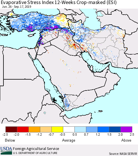 Middle East and Turkey Evaporative Stress Index (ESI), 12-Weeks over Croplands Thematic Map For 9/16/2019 - 9/22/2019