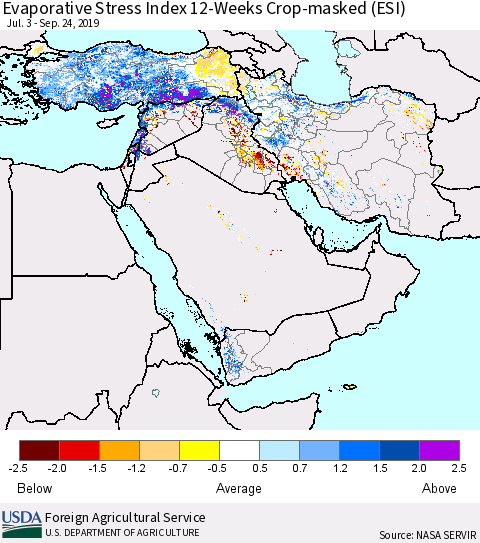 Middle East and Turkey Evaporative Stress Index (ESI), 12-Weeks over Croplands Thematic Map For 9/23/2019 - 9/29/2019