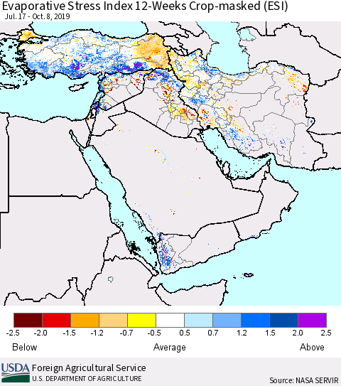Middle East and Turkey Evaporative Stress Index (ESI), 12-Weeks over Croplands Thematic Map For 10/7/2019 - 10/13/2019