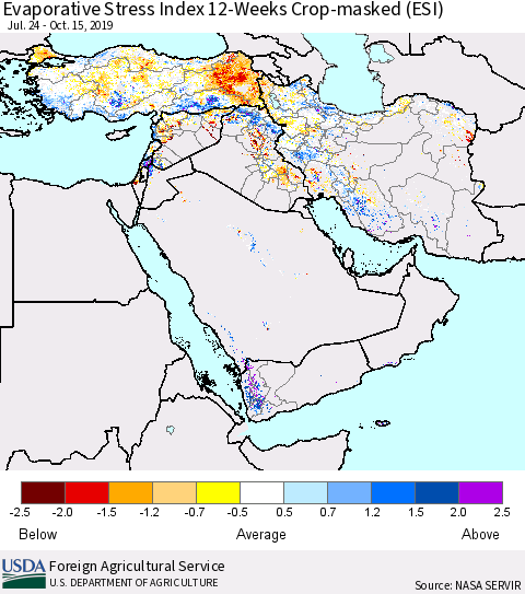 Middle East and Turkey Evaporative Stress Index (ESI), 12-Weeks over Croplands Thematic Map For 10/14/2019 - 10/20/2019