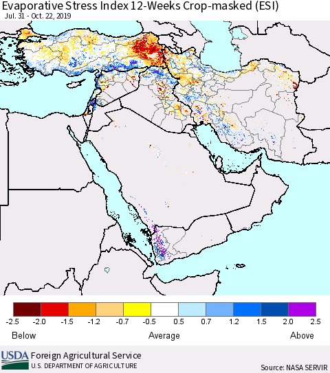 Middle East and Turkey Evaporative Stress Index (ESI), 12-Weeks over Croplands Thematic Map For 10/21/2019 - 10/27/2019