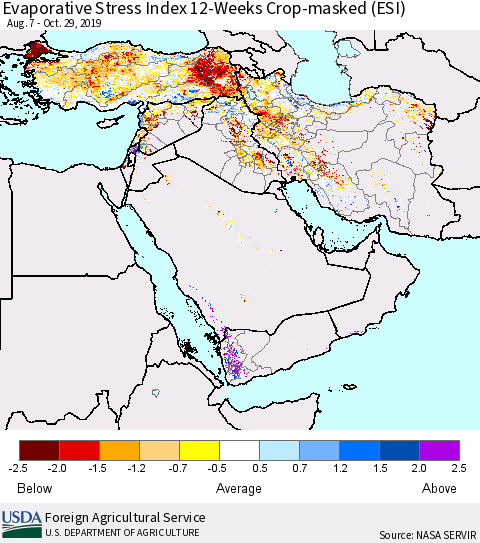 Middle East and Turkey Evaporative Stress Index (ESI), 12-Weeks over Croplands Thematic Map For 10/28/2019 - 11/3/2019