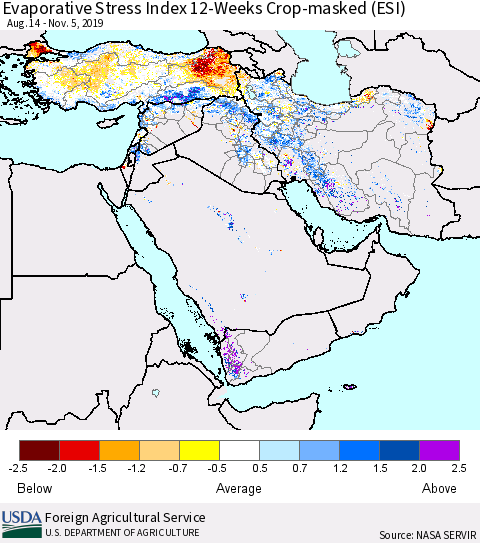 Middle East and Turkey Evaporative Stress Index (ESI), 12-Weeks over Croplands Thematic Map For 11/4/2019 - 11/10/2019