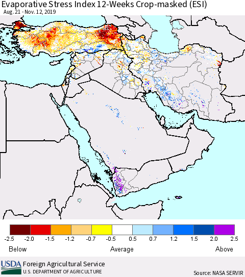 Middle East and Turkey Evaporative Stress Index (ESI), 12-Weeks over Croplands Thematic Map For 11/11/2019 - 11/17/2019