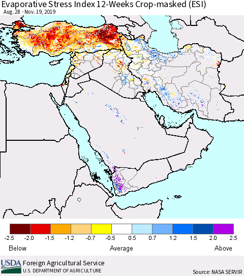 Middle East and Turkey Evaporative Stress Index (ESI), 12-Weeks over Croplands Thematic Map For 11/18/2019 - 11/24/2019