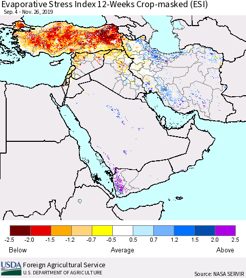 Middle East and Turkey Evaporative Stress Index (ESI), 12-Weeks over Croplands Thematic Map For 11/25/2019 - 12/1/2019