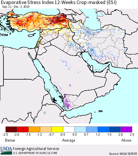 Middle East and Turkey Evaporative Stress Index (ESI), 12-Weeks over Croplands Thematic Map For 12/2/2019 - 12/8/2019