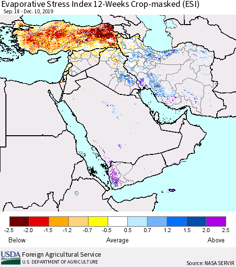 Middle East and Turkey Evaporative Stress Index (ESI), 12-Weeks over Croplands Thematic Map For 12/9/2019 - 12/15/2019