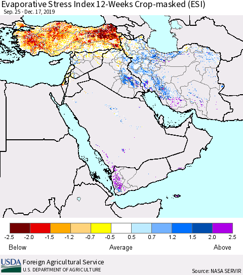 Middle East and Turkey Evaporative Stress Index (ESI), 12-Weeks over Croplands Thematic Map For 12/16/2019 - 12/22/2019