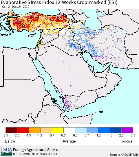 Middle East and Turkey Evaporative Stress Index (ESI), 12-Weeks over Croplands Thematic Map For 12/23/2019 - 12/29/2019