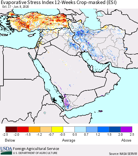 Middle East and Turkey Evaporative Stress Index (ESI), 12-Weeks over Croplands Thematic Map For 1/6/2020 - 1/12/2020