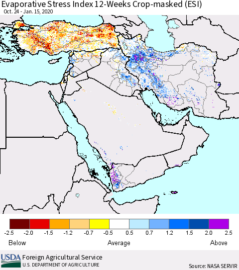 Middle East and Turkey Evaporative Stress Index (ESI), 12-Weeks over Croplands Thematic Map For 1/13/2020 - 1/19/2020