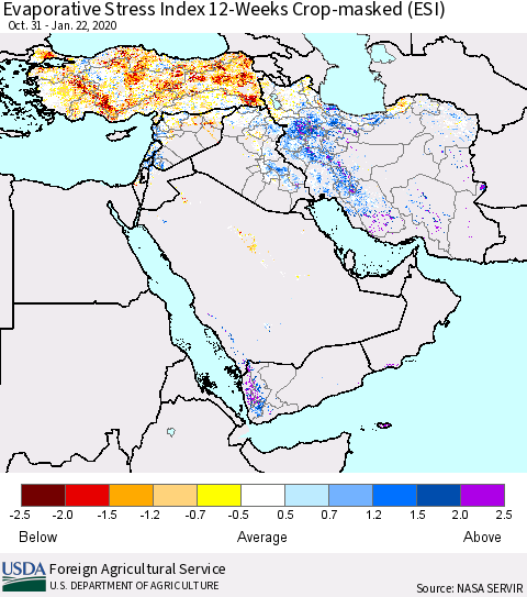Middle East and Turkey Evaporative Stress Index (ESI), 12-Weeks over Croplands Thematic Map For 1/20/2020 - 1/26/2020