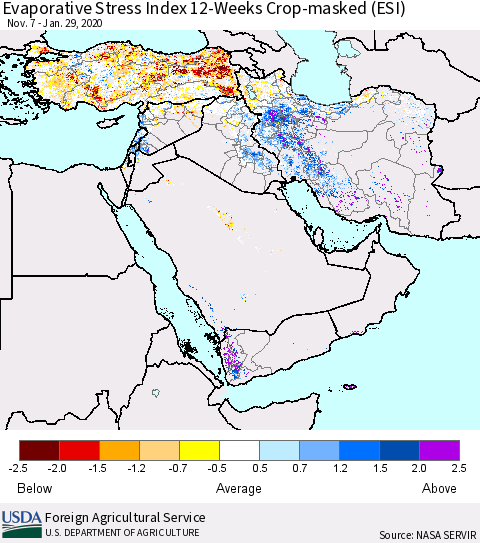 Middle East and Turkey Evaporative Stress Index (ESI), 12-Weeks over Croplands Thematic Map For 1/27/2020 - 2/2/2020