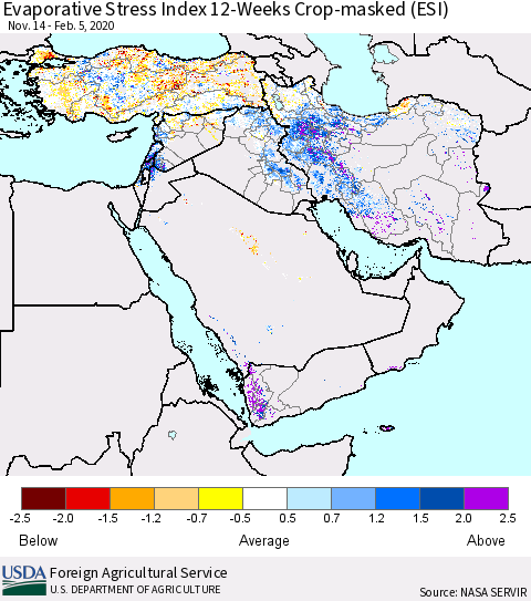 Middle East and Turkey Evaporative Stress Index (ESI), 12-Weeks over Croplands Thematic Map For 2/3/2020 - 2/9/2020