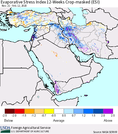 Middle East and Turkey Evaporative Stress Index (ESI), 12-Weeks over Croplands Thematic Map For 2/10/2020 - 2/16/2020